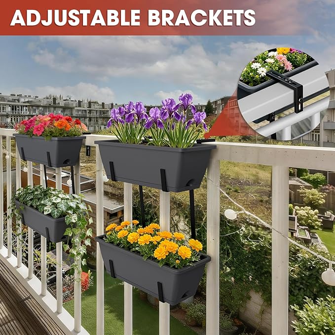 Rectangle Planters Box, 4 Pack Deck Hanging Planters for Railings, Window Box Planter with Drainage Holes & Trays, 16.9 Inch Balcony Planters Railing Hanging with Metal Brackets, Grey