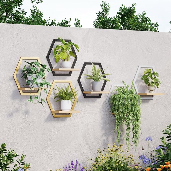 3 Pack Solid Wood & Heavy Duty Metal Wall Plant Stands, 25 LB Load Boho Arch Hanging Planter,9 inch Natural Wood Shelf for Indoor Plants Golden