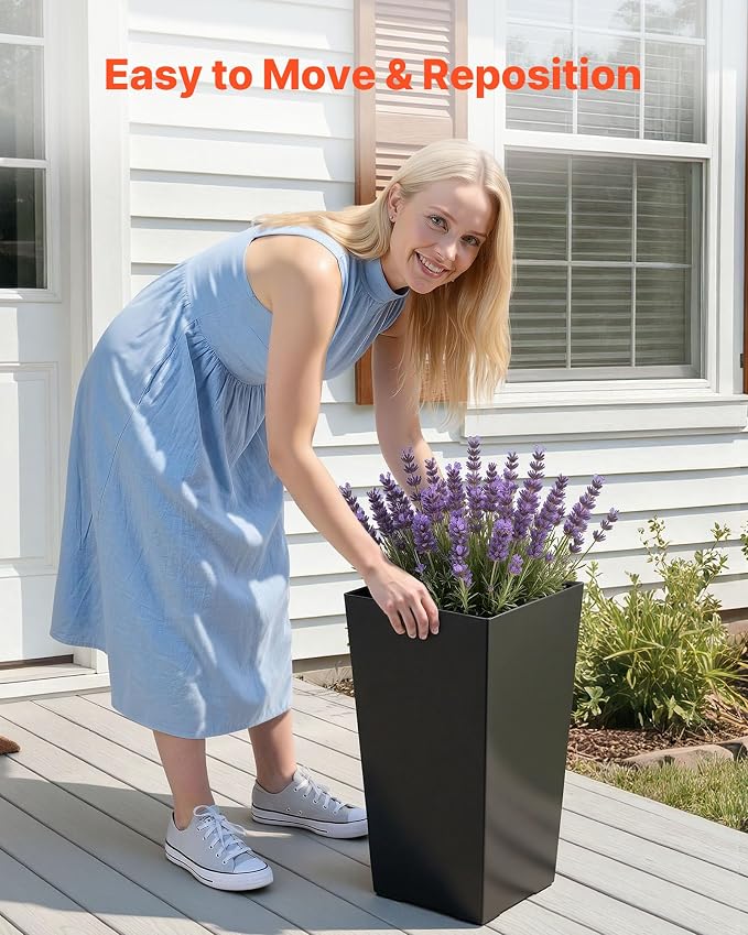VEVOR Set of 2 Tall Planters for Outdoor Plants 22 inch, Black Tall Planter for Indoor Plants, Modern Planters for Front Porch Patio Balcony, Plant Container Flower Pots