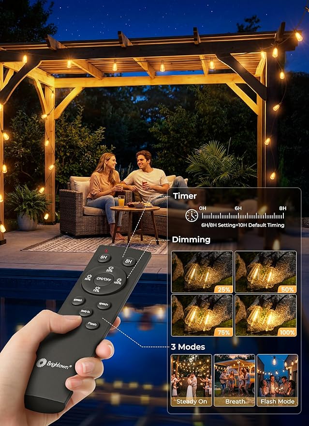 Brightown 108FT 50+2 LED Solar String Lights Outdoor Waterproof, Patio Lights with Remote and Shatterproof Bulbs, Dimmable & Timable, 3 Light Modes, Solar Lights Outdoor for Yard Garden Camping Party
