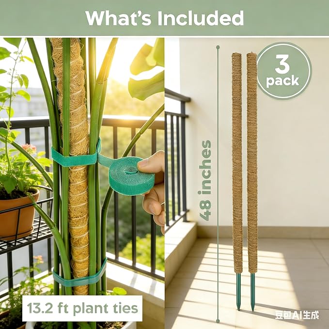 3 Pack 48'' Bendable Moss Pole with Rust-Free Aluminum Core, Sturdy Plant Support Stakes & Jute Rope, Tall Indoor Trellis Sticks for Climbing Houseplants Monstera
