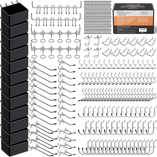 INCLY 278PCS Pegboard Accessories Organizer Kit, Peg Board Hooks Assortment with Bins for Organizing Various Tools, Fit 1/8 or 1/4 inch Pegboard for Hanging Storage, Garage Wall Attachments