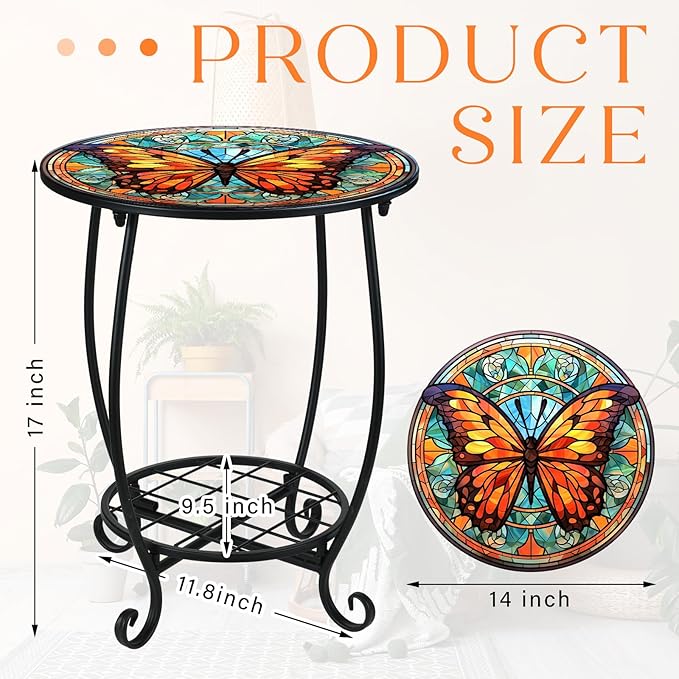 Cinnvoice Outdoor Side Table Round Small Mosaic Patio Accent Indoor End Plant Coffee Tea Table for Yard Patio Porch Garden Living Room, Bedroom(Butterfly B Style,14 Inch)