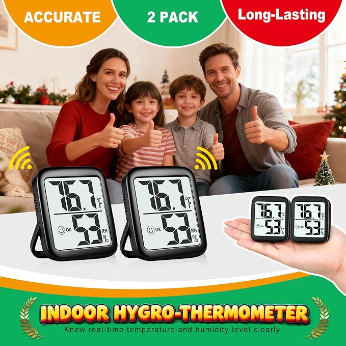 Antonki 2 Pack Room Thermometer for Home, Hygrometer Indoor Humidity Meter Gauge, Digital Temperature and Humidity Monitor Sensor for House, Terrarium, Incubator, Greenhouse - Battery Included