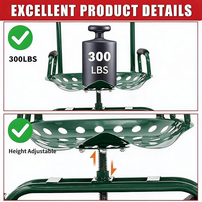 Rolling Garden Work Seat with Wheels, 300lbs Heavy Duty Garden Cart, 360° Swivel Adjustable Height Rolling Stool, Extendable Handle, Storage Basket & Tray for Gardening, Lawn Care, Adults & Seniors