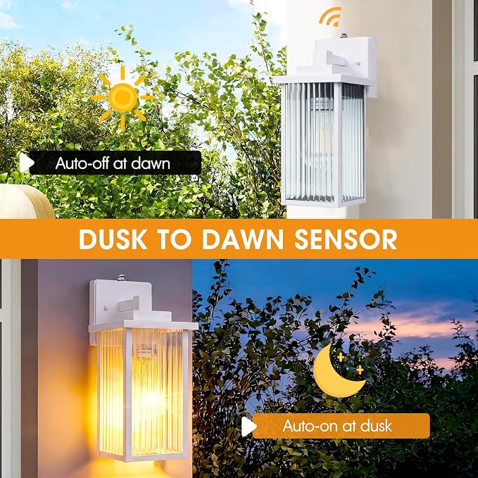 13-Inch White Outdoor Wall Light, Dusk to Dawn Exterior Light Fixture, IP65 Waterproof Rust-Resistant Durable Metal & Textured Glass Sconce for Porch Garage Entryway