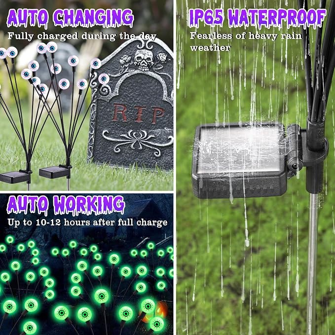 ASMAD Halloween Decorations Outdoor Solar Scary-Eyeball Lights, 4Pack 32LEDs Green Eyeball Swaying Firefly-Lights, Waterproof Solar-Path-Lights for Garden/Yard/Patio/Party Decor