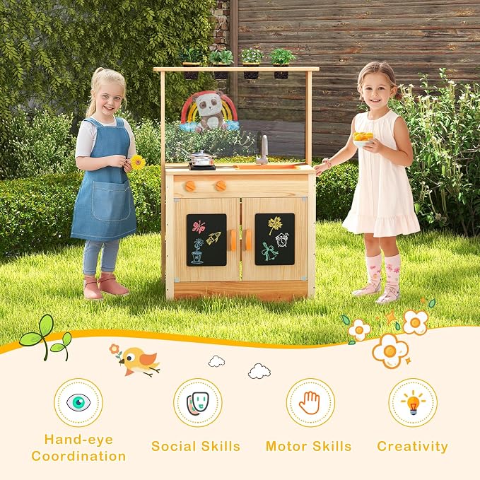 Costzon Mud Kitchen, Fir Wood Outdoor Play Kitchen with 4 Planting Pots, Stoves, Removable Sink, Acrylic Panel, Chalkboards & Accessories, Kids Kitchen Playset for Backyard Garden, Gift for Boys Girls