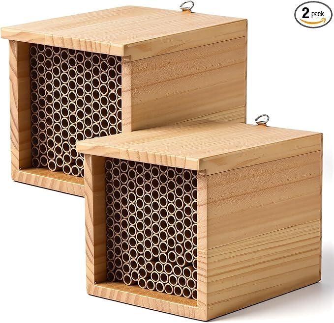 2 pcs Mason Bee House and 294 pcs Mason Bee Tubes 6 Inches Outdoor Beekeeper Cardboard Tubes Replacement Nesting Refill for Outdoors Garden Wooden Insect Hotel