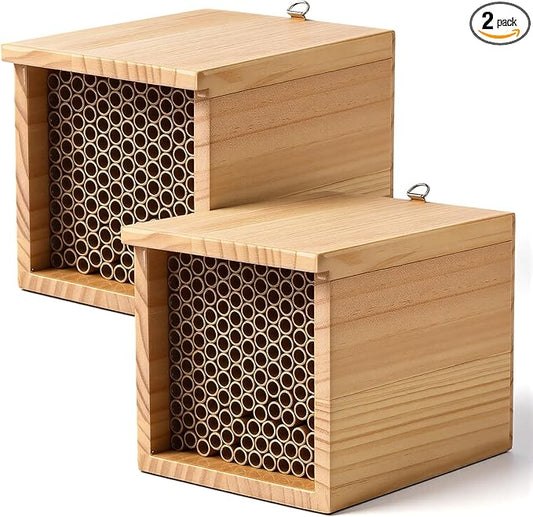 2 pcs Mason Bee House and 294 pcs Mason Bee Tubes 6 Inches Outdoor Beekeeper Cardboard Tubes Replacement Nesting Refill for Outdoors Garden Wooden Insect Hotel