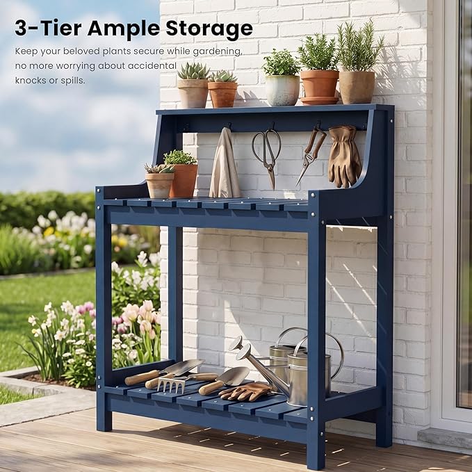 Garden Potting Bench for Outside, HDPE Outdoor Potting Table with Storage Shelves & Tool Hooks, All Weather Planting Workstation for Patio Backyard Garden (Dark Blue)