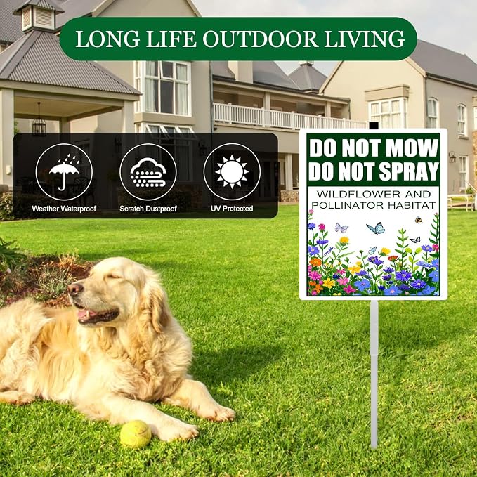 Do Not Mow Do Not Spray Wildflower and Pollinator Habitat Yard Sign With Stakes No Mow May Rustproof Reflective Aluminum Butterfly Garden Signs 8x12 inches
