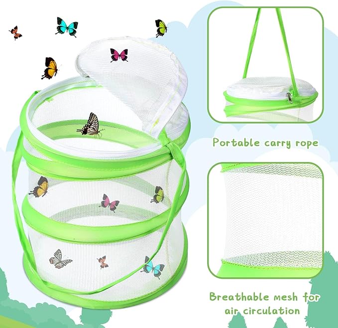 Sherr 2 Pcs Mini Butterfly Habitat Cage Clear Mesh Butterfly Net Cage Container Foldable Terrarium, 6.2x7.1inch (Green)