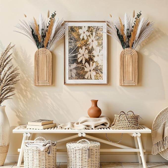 DREAMLOOM 2 Pack Wooden Wall Vases with Dried Pampas Grass and Eucalyptus Plants, Wall Hanging Planters Boho Modern Farmhouse Indoor for Narrow Spaces Entryway Bathroom Home Office Decoration, Brown