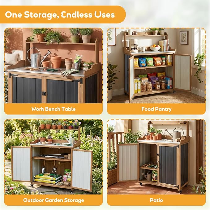 Outdoor Potting Bench with Storage, Outdoor Garden Work Table & Storage Cabinet with Adjustable Shelves, Lockable Wheels, Waterproof Metal Top Workstation for Potting, Gardening, Backyard, Patio
