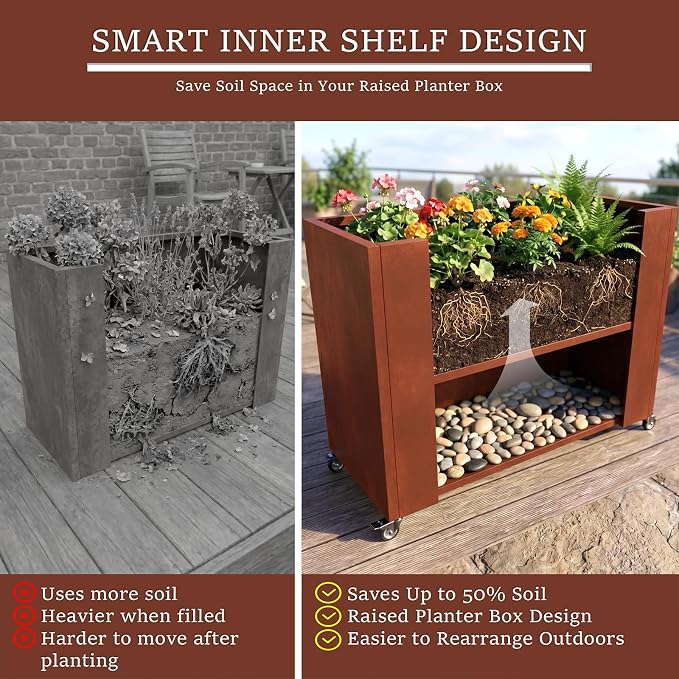36 Inch Corten Steel Planter Box with Wheels, Tall Outdoor Rolling Planter with Drainage & Removable Shelf, Large Rectangular Weathering Steel Planter for Patio, Porch, Balcony & Garden
