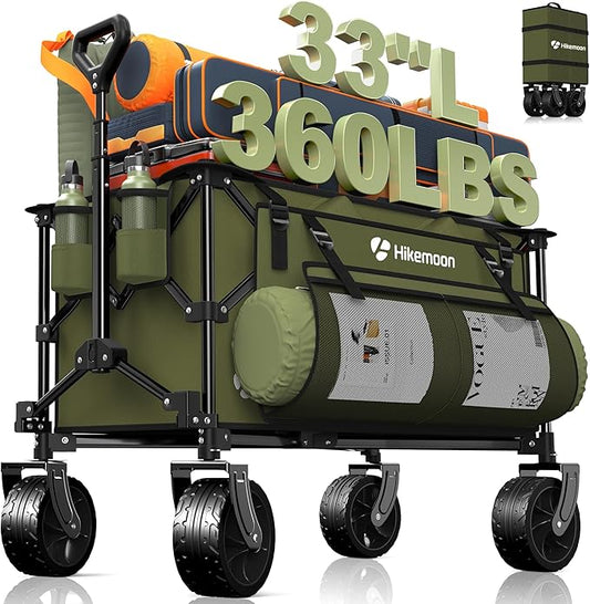 Hikemoon 150L Collapsible Wagons Carts Foldable, 360LBS Heavy Duty Folding Beach Cart with Big All-Terrain Wheels, Portable Utility Wagon for Grocery, Shopping, Garden, Sports, Green