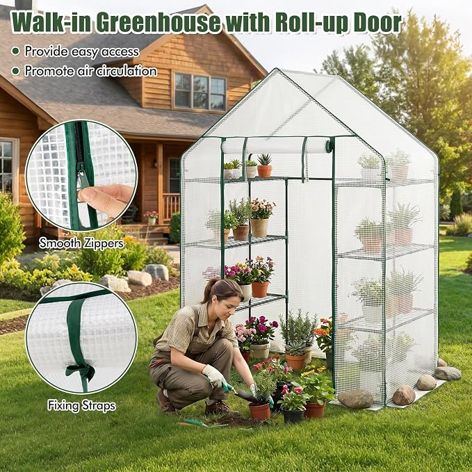 Giantex Walk-in Greenhouse, 4 Tier 8 Shelves, Portable Plant Garden House Indoor Outdoor Mini Growing House for Herb Flower Succulent, Zipped Door, Metal Frame (Clear)