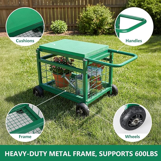Garden Seat with Wheels, Rolling Garden Stool Heavy Duty Gardening Cart with Seat and 20 Quart Storage Space Use for Patio, Yard, and Outdoors
