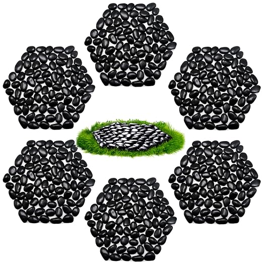 10in River Rock Stepping Stones Set - 6 Pack | Polished Pebble | Long-Lasting PVC Mesh Backing | Perfect for Garden Paths and Lawns Outdoor Landscaping Decoration | Black Rhombus