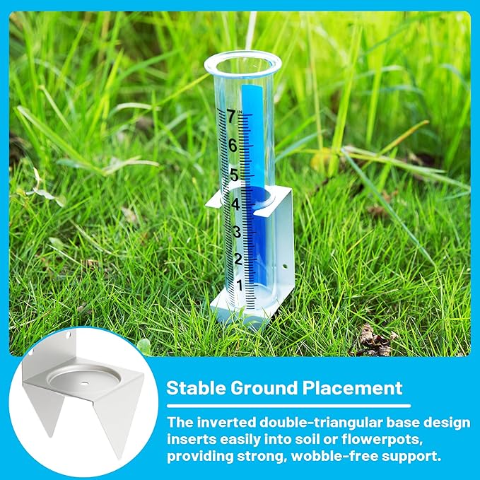 Rain Gauge Outdoor with Bracket, 7 Inch Easy-Read Removable Tube, 4 Mounting Options for Fence, Rail, Post, Planter or Ground, Silver