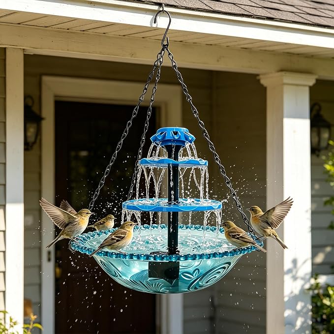 Solar Powered Hanging Bird Bath Fountain, 3-Tier Cascading Water Feeder for Hummingbirds Wild Birds[16.4FT/Extra Long Cord] for Outdoor,Garden, Patio, Backyard Decor