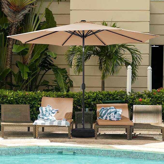 Sundale Outdoor 9FT Patio Umbrella with Sand Bag Umbrella Base, Outdoor Umbrella with Tilt and Crank, Tan
