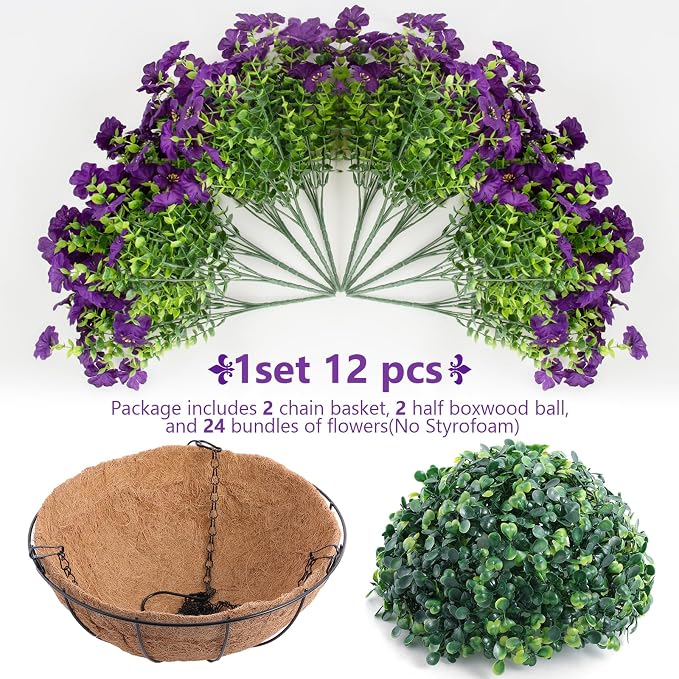 Hananona 2 Set Artificial Outdoor Flowers with Hanging Basket, 2 Hanging Planters with 24 Pcs Flowers for Spring Summer Front Porch Garden Patio Home Decor (2, Purple)