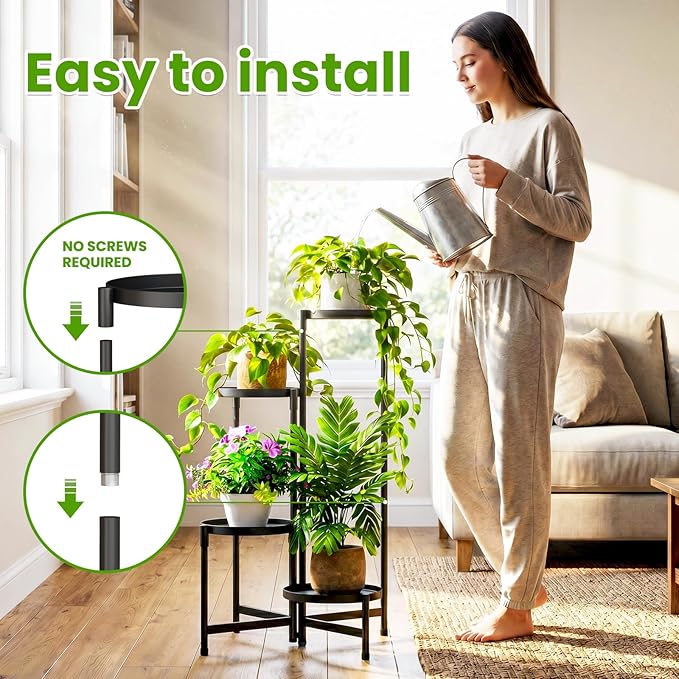 Plant Stand Indoor Outdoor, 4 Tier Corner Metal Flower Display Holder Shelf, Folding Tall Orchid Rack for Patio Balcony Porch Garden Living Room House, Black