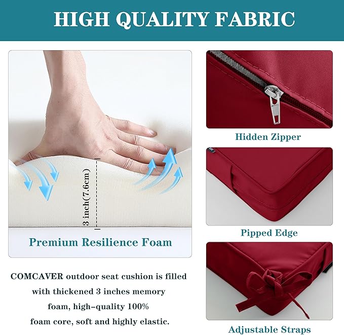 Outdoor Bench Cushions 48 x 18 Inch Thick Waterproof Porch Swing Cushions with Tie Patio Furniture Chair Cushion Bench Pad Color Fastness Backyard Seat Pads Burgundy
