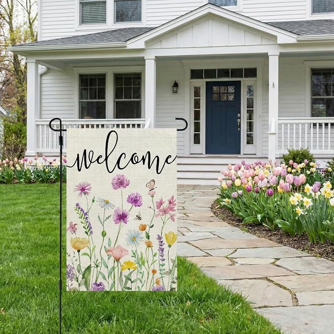 CROWNED BEAUTY Spring Wildflower Garden Flag Floral 12x18 Inch Double Sided for Outside Welcome Small Burlap Yard Seasonal Flag