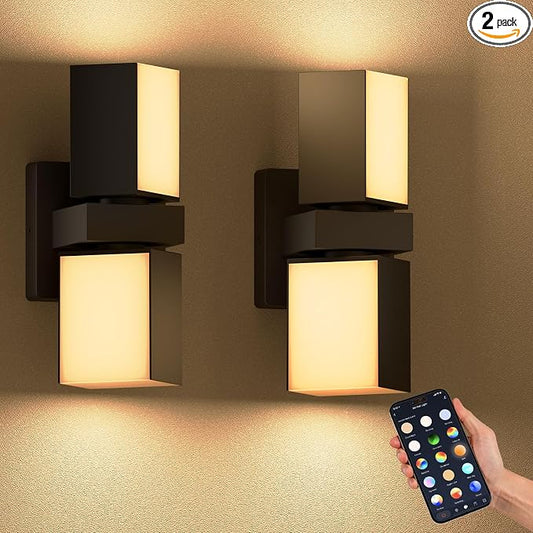 XMCOSY+ Outdoor Wall Lights, 1400LM RGBCW Smart Porch Lights Outdoor with 32 Scene Modes, 350° Adjustable Dual-Head Wall Sconce, IP65 Waterproof, Compatible with Alexa and Google Assistant, 2 Pack