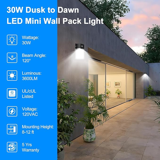 30W LED Wall Pack Light, Dusk to Dawn Outdoor Lighting Sensor, 3600LM, 5000K, LED Outdoor Wall Lights, 120Vac IP65 Waterproof Security Flood Light for Commercial, Porch, Garage, Garden, 6 Pack