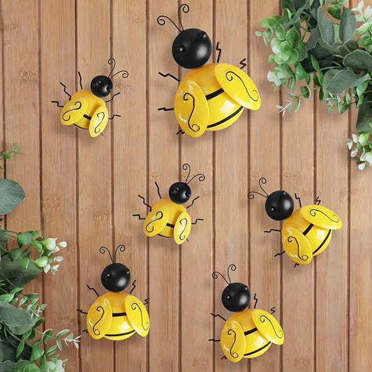 HKKDKTA Metal Outdoor Wall Art Decor, 6 PCS Bumble Bee Decor Outdoor Wall Decors, Fence Decorations Outdoors Metal Garden Decors Outdoors Decorations for Yard Art Home