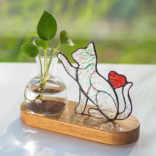 Hewory Handmade Cat Propagation Stations: Iridescent Stained Glass Cat Planter Pot with Wooden Stand for Desktop Decor for Plant Lovers Women