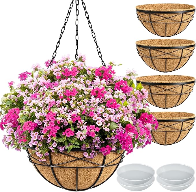 4 Pack 18 Inch Hanging Planters for Outdoor Plants Extra Large Hanging Baskets Flower Pots with Natural Coconut Liner for Porch Balcony Garden Decor