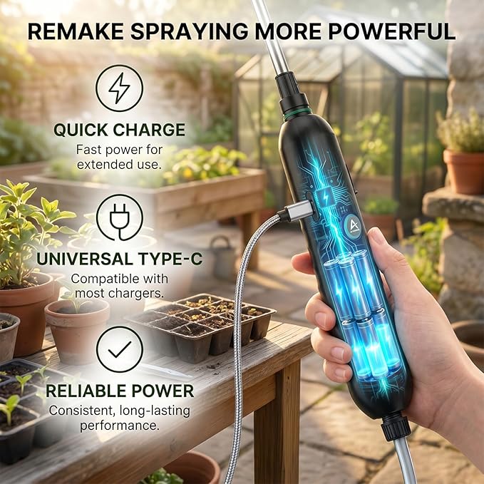 Rechargeable Cordless Pump Sprayer, Electric Watering Wand with 32.8FT Hose 6 Spray Modes Telescopic Wand, Battery Powered Sprayer for Garden Lawn Indoor Outdoor Plant Fertilizer Weed Cleaning