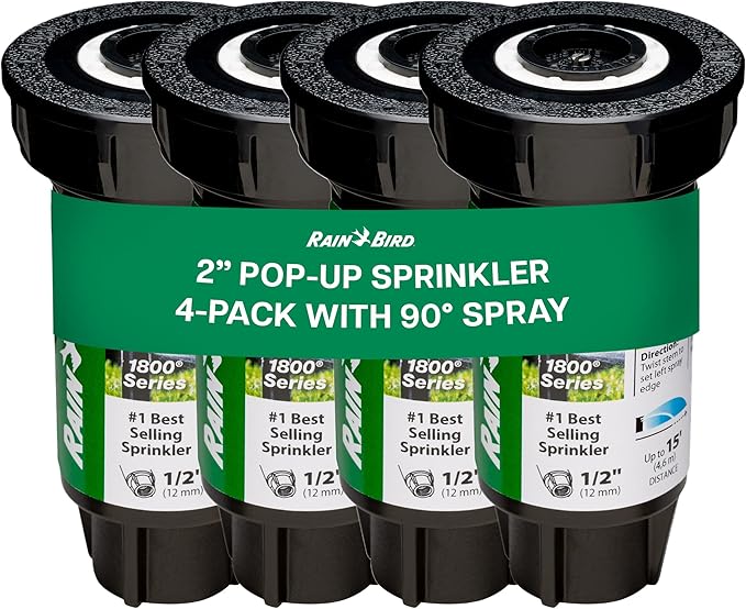 Rain Bird 1802QDSPRS Pressure Regulated 1800 Series Dual Spray 2 Inch Pop Up Sprinkler Head, 4 Pack -Water Efficient Lawn Sprinkler with 90 Degree Quarter Pattern, 1/2 Inch NPT, 15 Ft Spray Distance
