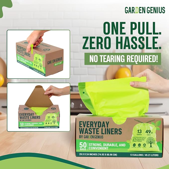 Biodegradable 13-Gallon Kitchen Waste Bags (50-Pack) | Strong, Heavy-Duty Tall Trash Bags w/Drawstring | Fits Most Standard 13-Gallon (49.21 L) Cans | Eco-Friendly D2W, 30 Microns Thick, 29.5" x 24"
