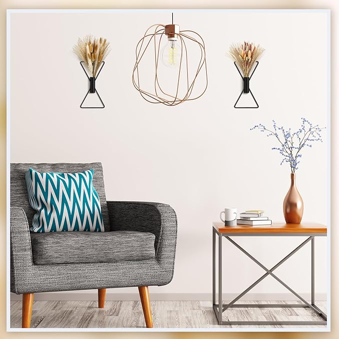 Peryiter 2 Pcs Boho Black Wall Decor Metal Wall Art x Shaped Hanging Planters with Artificial Pampas Modern Home Bedroom Decor for Bathroom Living Room Dining Room