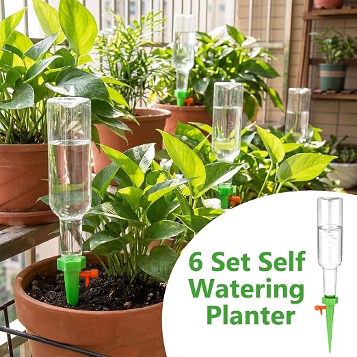 6 Set Plant Watering Devices with Self Watering Spikes Automatic Planter Insert Spikes with Bottle Waterer Devices with Adjustable Control Valve for Vacation Garden Indoor(20 oz Bottle)