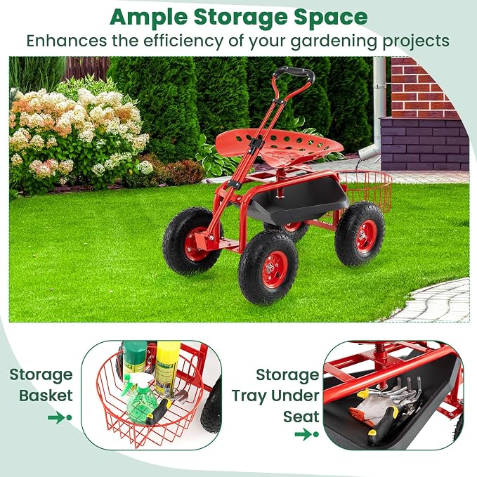 Giantex Rolling Garden Workseat with Wheels, 360 Degree Swivel Gardening Stool Cart with Storage Basket, Adjustable Height, Steering Handle, Steel Frame, Outdoor Work Seat for Planting Triming (Red)
