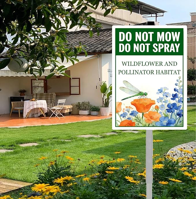 Do Not Mow Do Not Spray Wildflower and Pollinator Habitat Yard Sign With Stakes Rustproof Reflective Aluminum Pollinator Friendly Dragonfly Garden Sign Stand Outdoor 8X12 IN