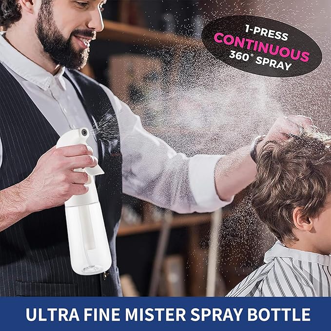 TANSHINE Continuous Spray Bottle for Hair 2 Pack,Fine Mist Water Hair Spray Bottles,Mister Spray Bottle,Refillable Plastic Sprayer for Hairstyling, Cleaning,Alcohol, Plants, Salons,6.8oz/200ml,Clear