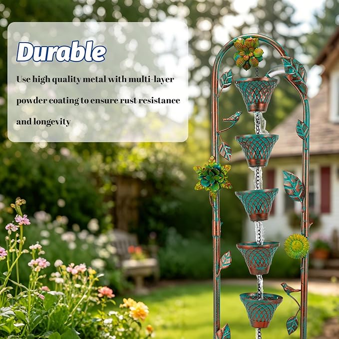 40" H Outdoor Tiered Water Fountain, Vintage Floor Standing Fountains with 6 Hanging Cups, Indoor Cascading Water Fountain Feature for Garden Yard Home Decor