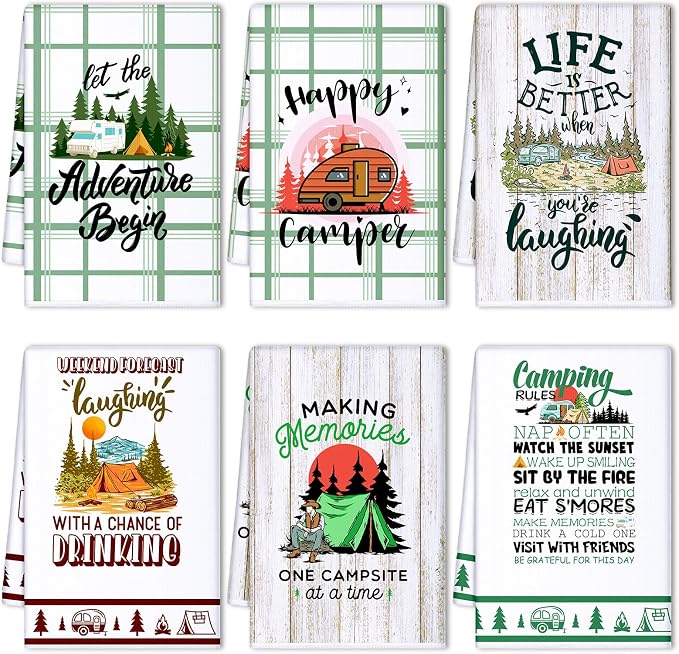 Oudain Set of 6 Camping Kitchen Towels Decor 24 x 16 Inches Happy Camper Dish Hand Tea Towels Kit Printed with Funny Sayings Novelty Gifts for Farmhouse Rv Home Accessories Decorations