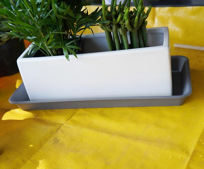 VUWEZ 2 Pack of Plastic Plant Tray Saucer Rectangular 17 18 inch, Plant Trays Saucers for Indoors Outdoor, Plant Water Drip Tray for Flower Pot Planter, Windowsill Plant Tray (7.8 X 17.5'', Gray)