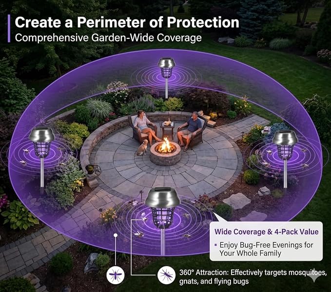 4 Pack Solar Bug Zapper Outdoor Waterproof Solar Powered Mosquito Zapper Repellent Outdoor Patio,Cordless & Auto On/Off Trap Light for Small Fly Insect Zappers for Garden Backyard Gnat for Outside
