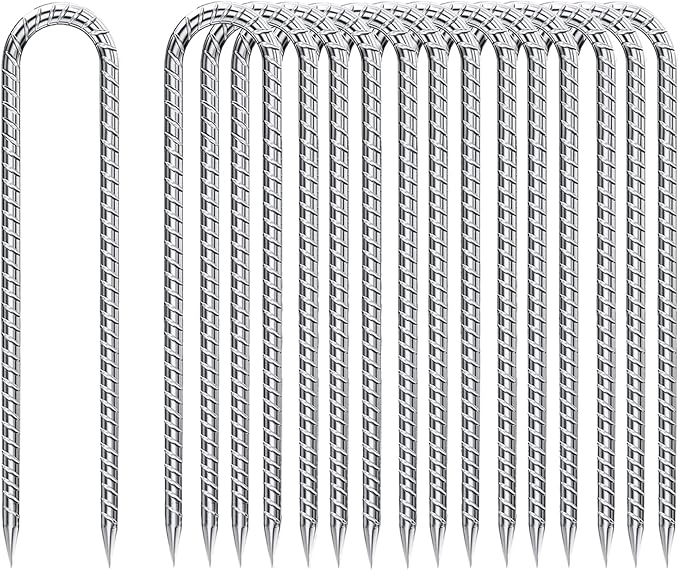 Rebar-Stakes-12-Inch-Galvanized, U Hook Trampoline Stakes 20 Pack Ground Anchors Tent Stakes Heavy Duty for Plants Anti-Rust Landscape Fabric Stakes Artificial Turf
