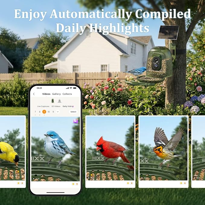 HIXX Smart Bird Feeder with Camera, Auto Capture 2.5K Video, AI Bird Identification, No Mess Seed Guard, Solar Powered Night Light, Live Birdwatching Camera for Dad, Grandpa, Birdlovers